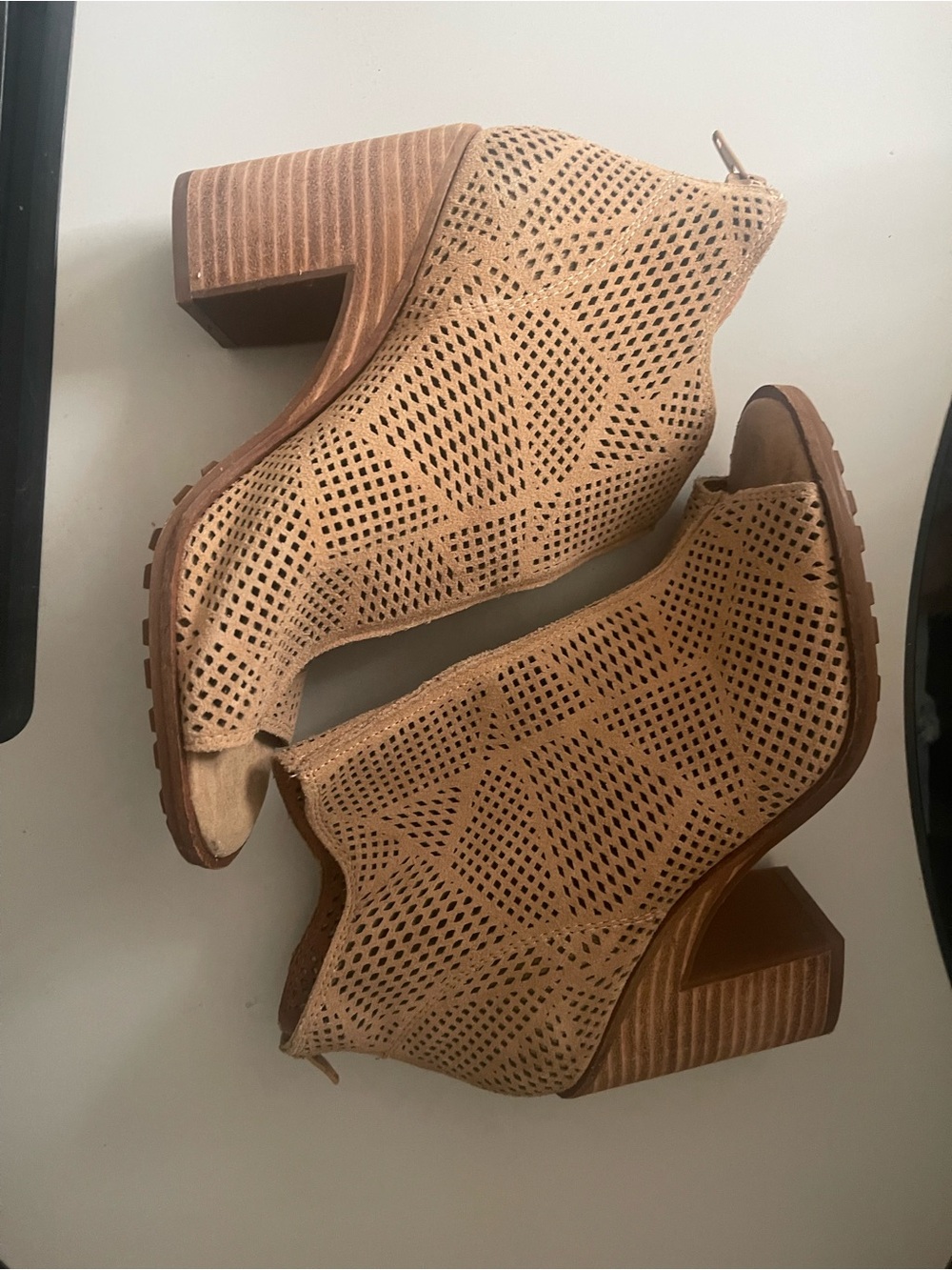 Lucky Brand Perforated Tan Peep-Toe Block Heel Booties